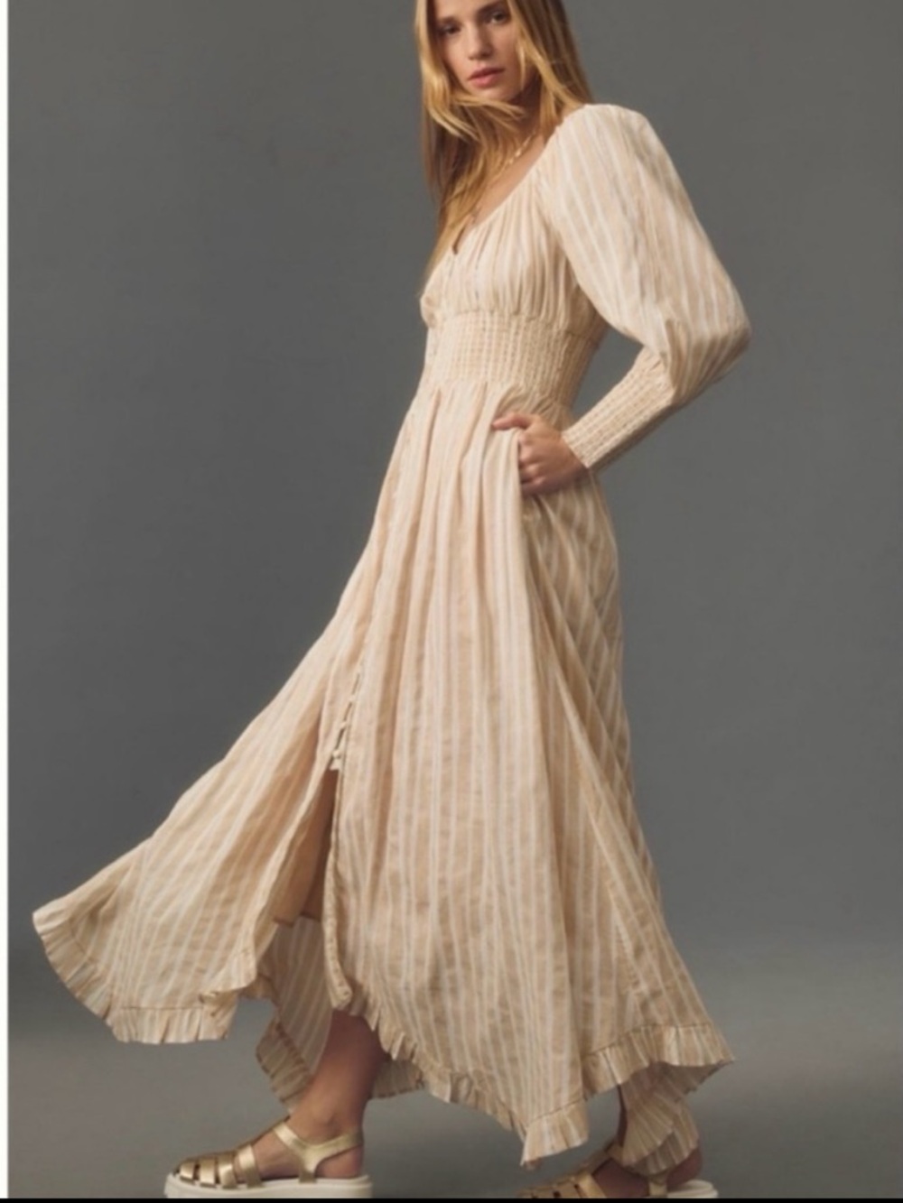 NWT Anthro Smocked-Waist Stripe Button front Romantic Maxi Dress, size L - Picture 4 of 10